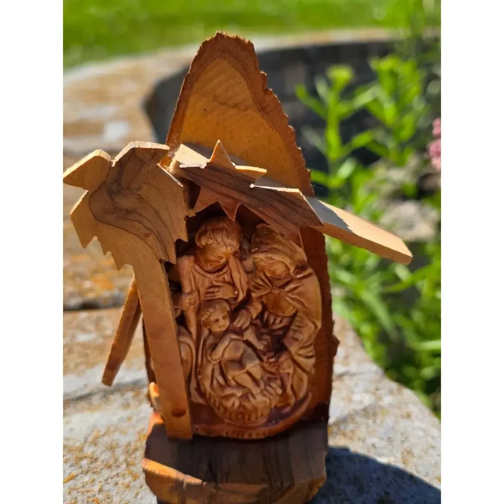 VTG Olive Wood Carved Nativity from Bethlehem Rustic Creche Wooden Holy Family